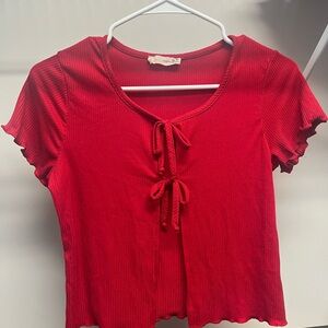 Red Ribbed Tie-Front Top